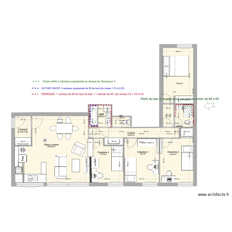 02 Boulogne plan carrelage faïence. Plan de 10 pièces et 81 m2