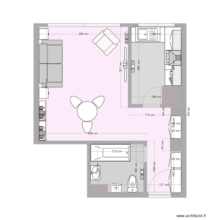 Plan 4 - Salon - Cuisine séparée - cloison maintenue - SdB modifiée. Plan de 3 pièces et 32 m2