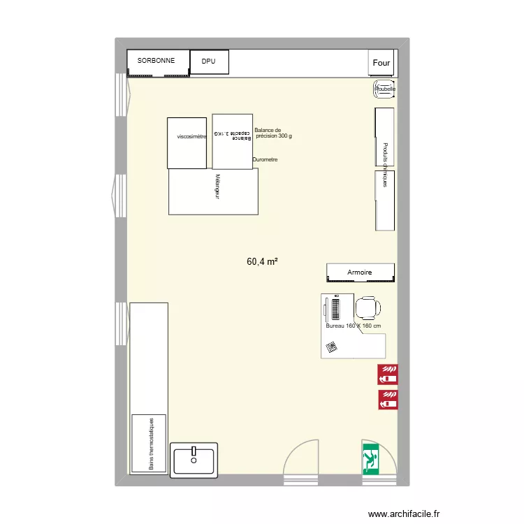 Plan du laboratoire de contr&ocirc;le qualit&eacute;. Plan de 1  et 60 m²
