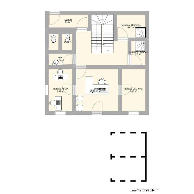 Poste Police Municipale. Plan de 10 pièces et 48 m2