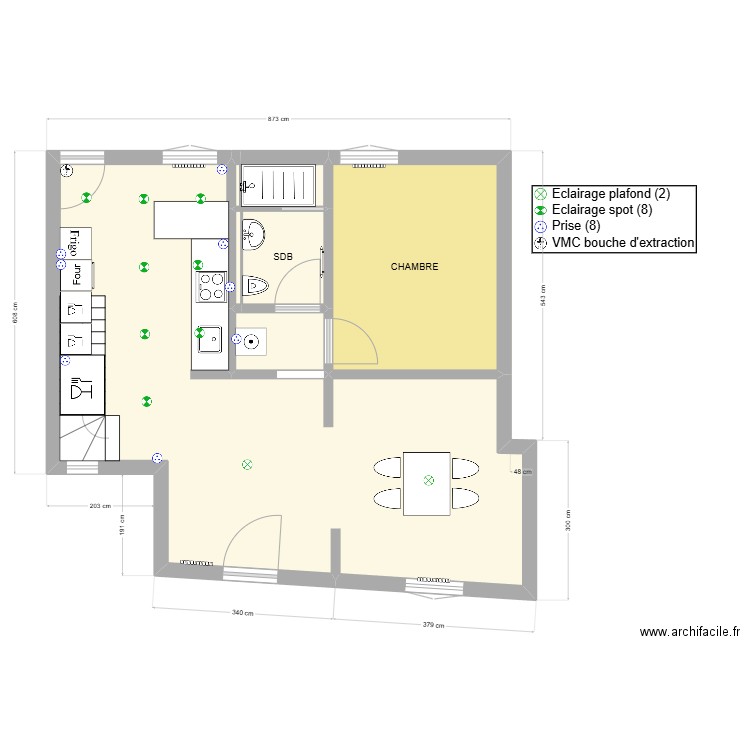 PLAN rdc + cuisine . Plan de 6 pièces et 57 m2