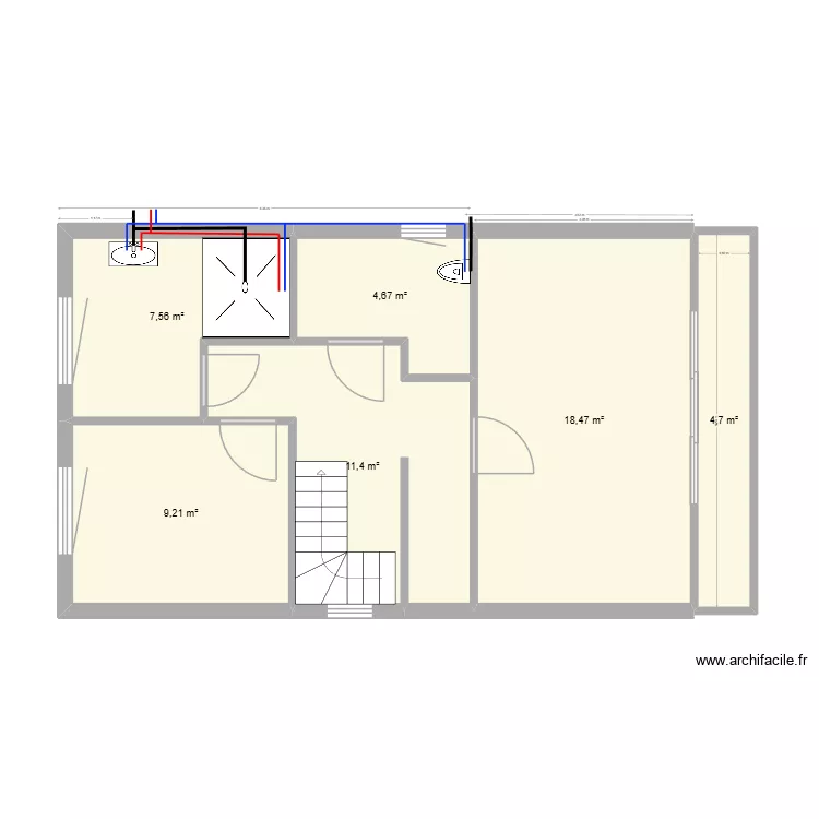 Plomberie Etage. Plan de 6 pièces et 56 m²