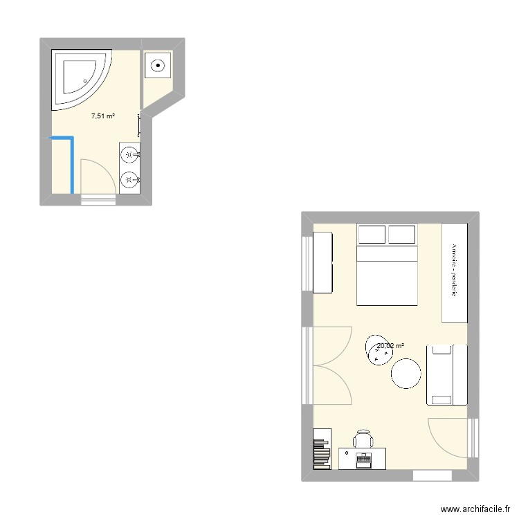 chambre + SdB. Plan de 2 pièces et 28 m2