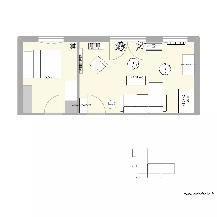 chambre + SdB. Plan de 2  et 30 m²