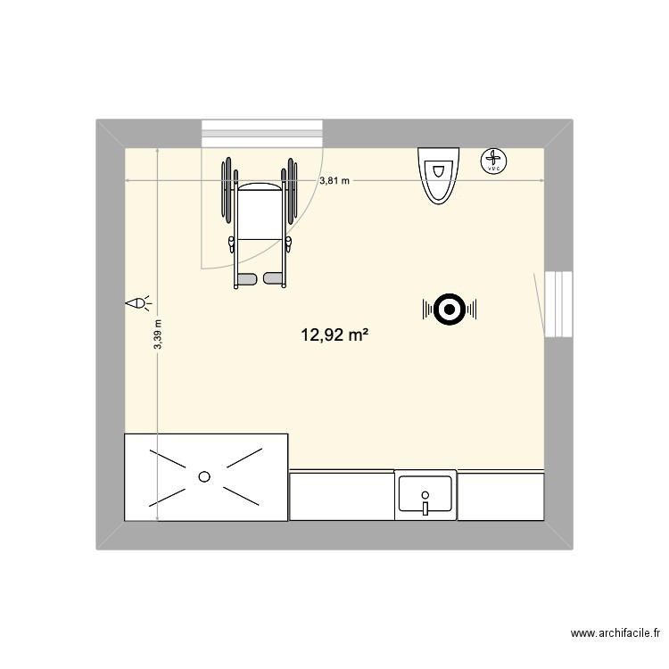 Plan entraînement. Plan de 1 pièce et 13 m2