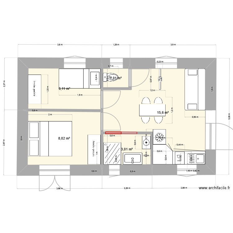 chalet 9M X 5M. Plan de 5 pièces et 34 m2