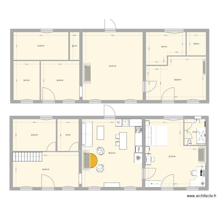 Hypothèse Marion. Plan de 14 pièces et 199 m2