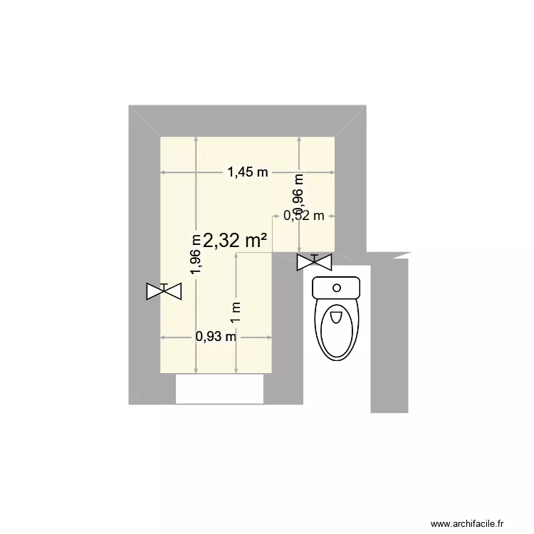 Salle de bains. Plan de 1  et 2 m²