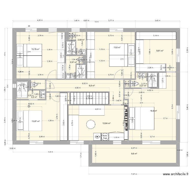 perols haut 13 07. Plan de 16 pièces et 110 m2