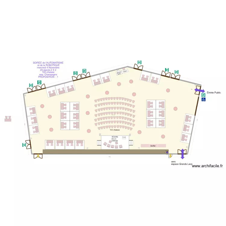 SOIREE de l'AUTOMATISME  et de la ROBOTIQUE mercredi 4 Novembre 29 stands 2 X 2 100 chaises esp. Champagne. Plan de 1  et 584 m²