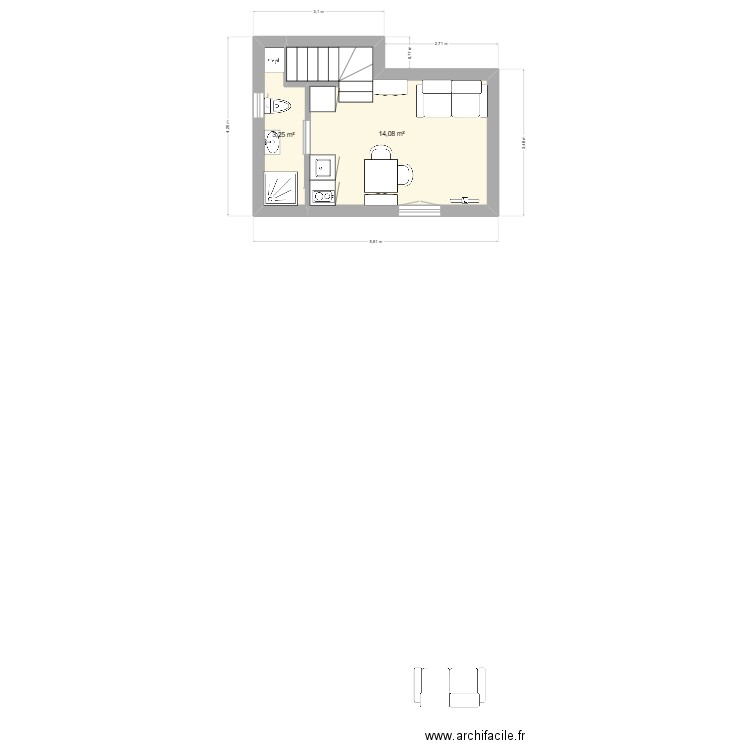 studio. Plan de 2 pièces et 17 m2
