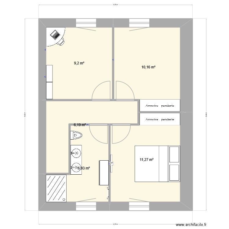HAUT. Plan de 5 pièces et 44 m2