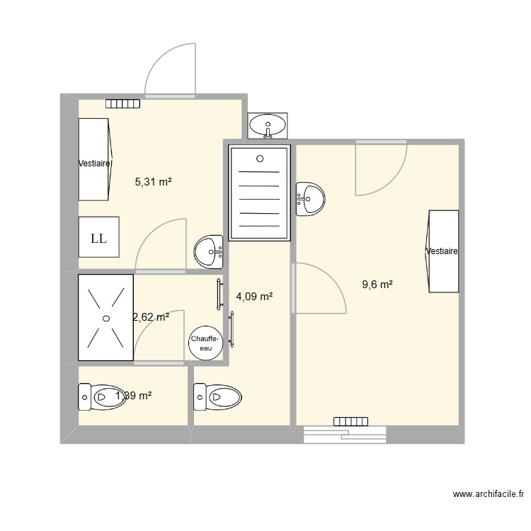 vestiaire. Plan de 5 pièces et 23 m2
