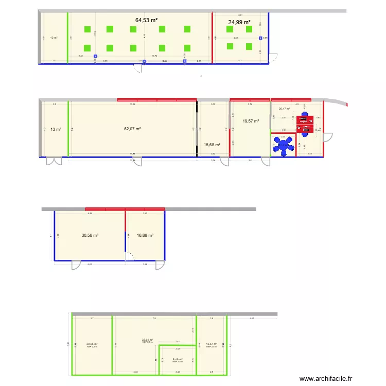 Phase1 &rarr; implantation bureaux. Plan de 16  et 374 m²