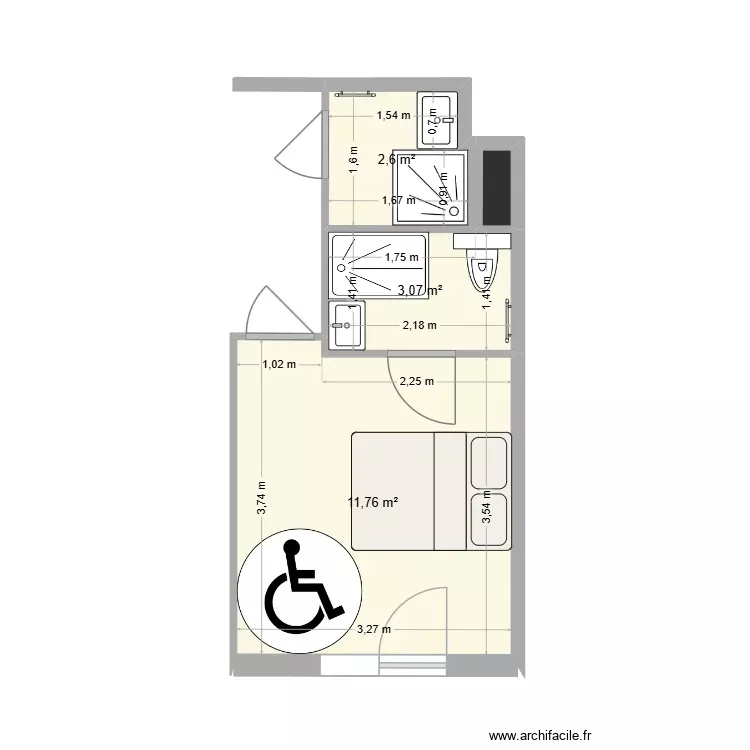 Chambre + SDD. Plan de 4 Pièces et 18 m²