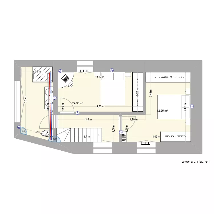 1er etage 18 bis. Plan de 2  et 37 m²