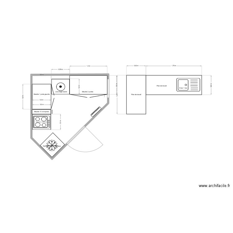 Cuisine Maëva Thaïs. Plan de 1 pièce et 5 m2