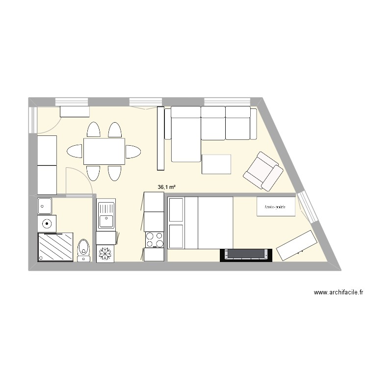387-configuration actuelle. Plan de 1 pièce et 36 m2