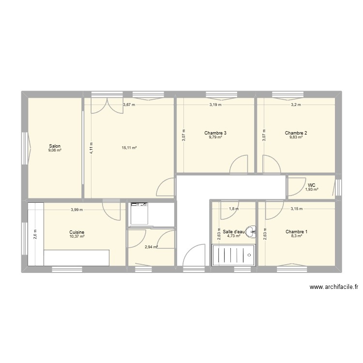 Marec Xavier Existant RdC. Plan de 9 pièces et 72 m2