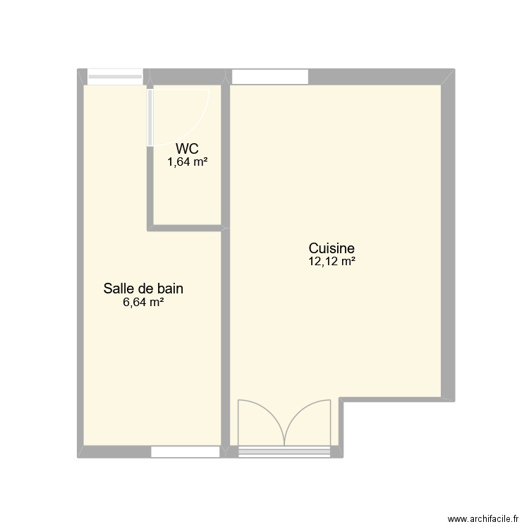 CUISINE SDB WC. Plan de 3 pièces et 20 m2