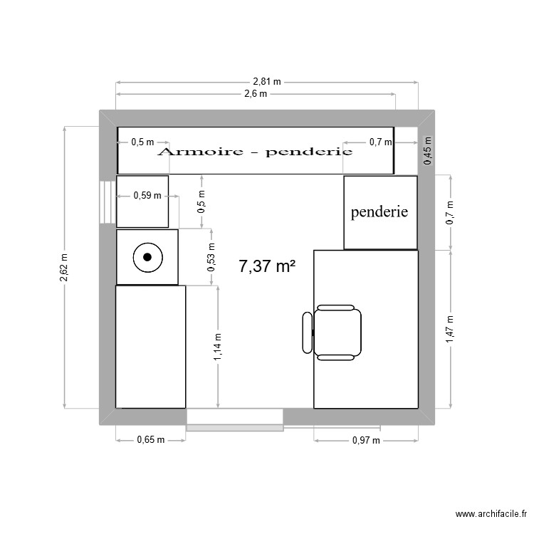buanderie. Plan de 1 pièce et 7 m2