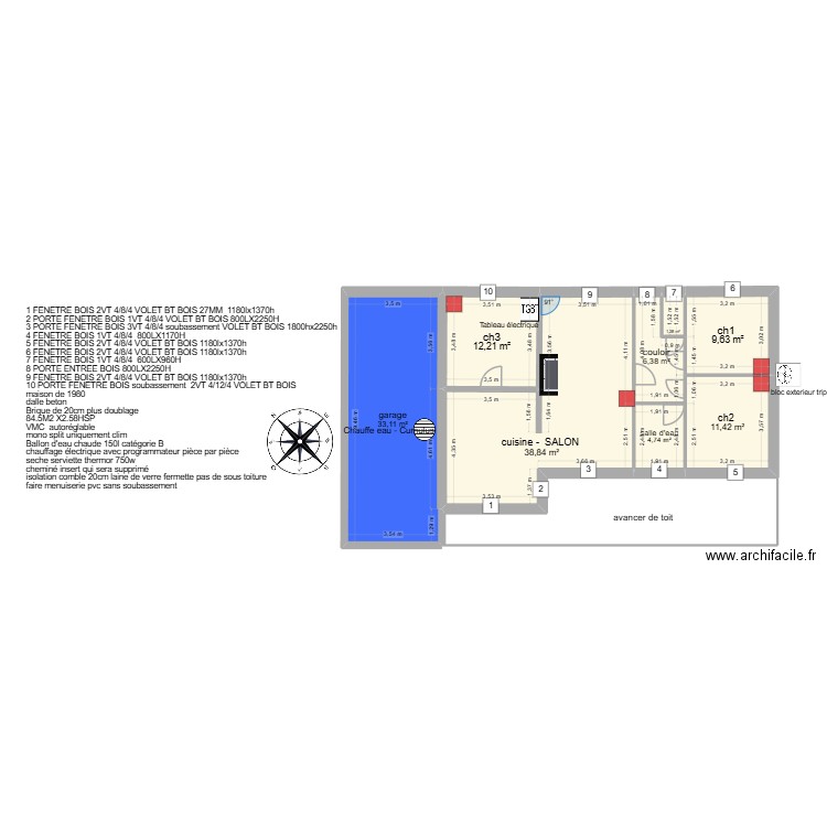 bailles. Plan de 8 pièces et 118 m2