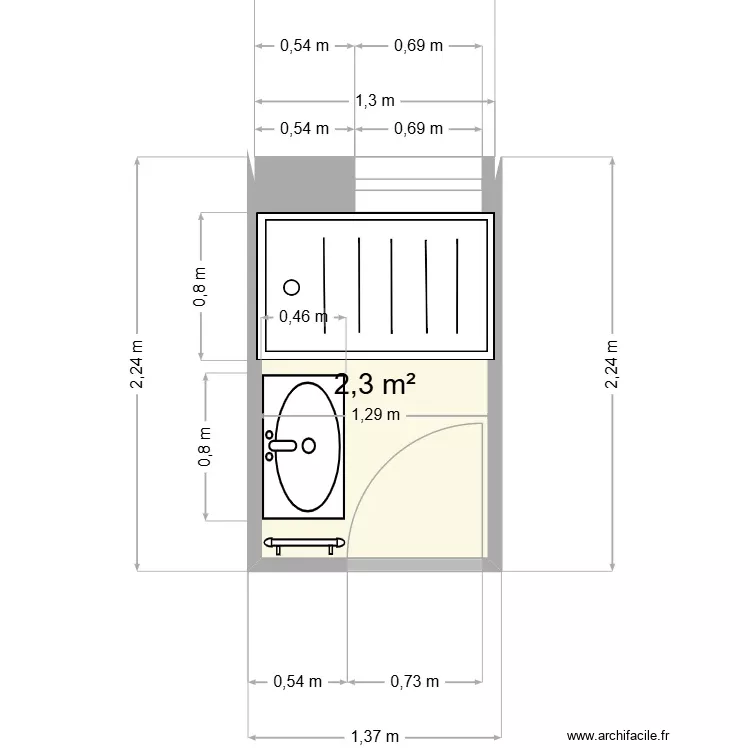 SDB Darius. Plan de 1 Pièce et 2 m²