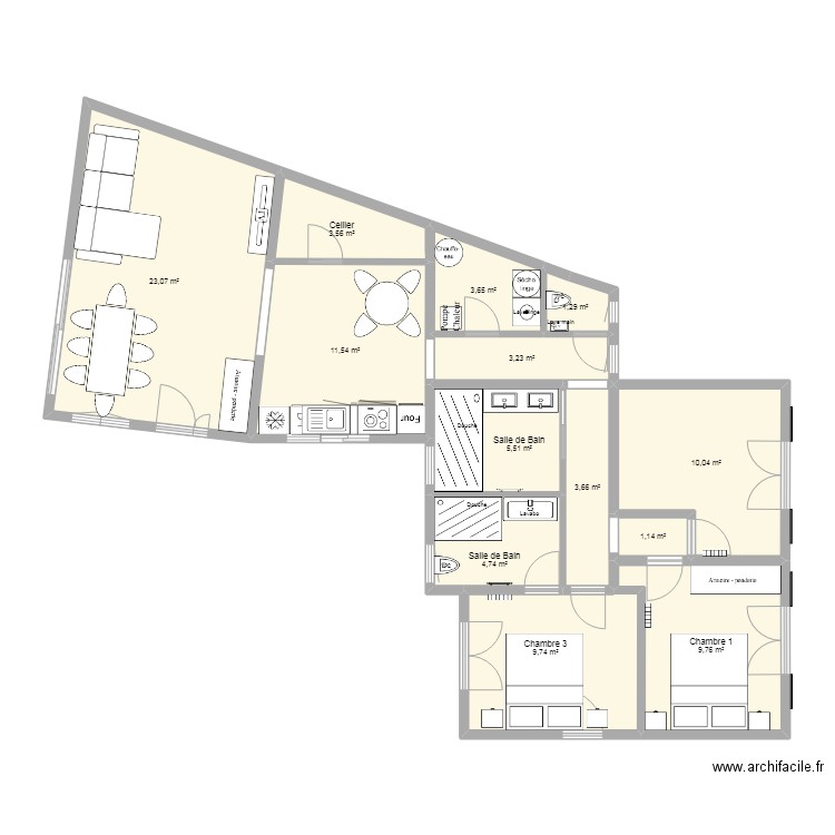 Maison Thomas - projet cuisine  salon. Plan de 13 pièces et 91 m2