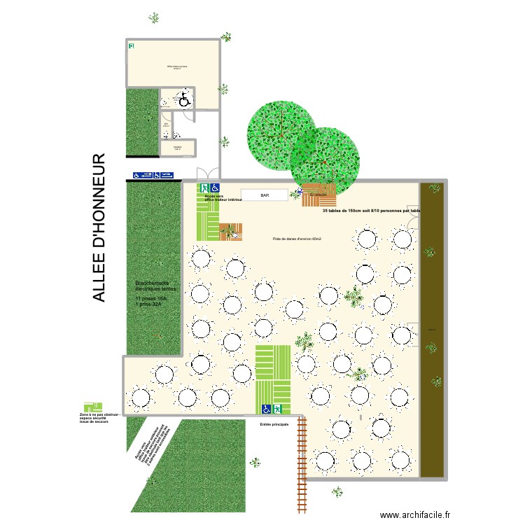 Diner et soirée 35 tables. Plan de 6 pièces et 580 m2