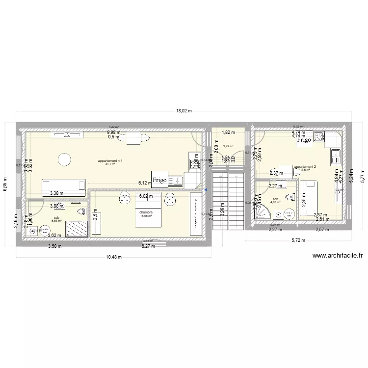 1ere actuelle. Plan de 17  et 81 m²