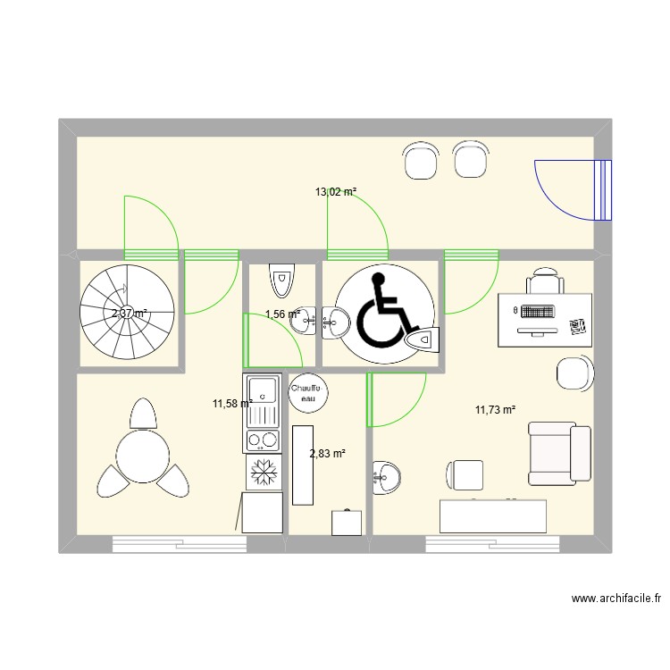 Cab. PP 1. Plan de 6 pièces et 43 m2