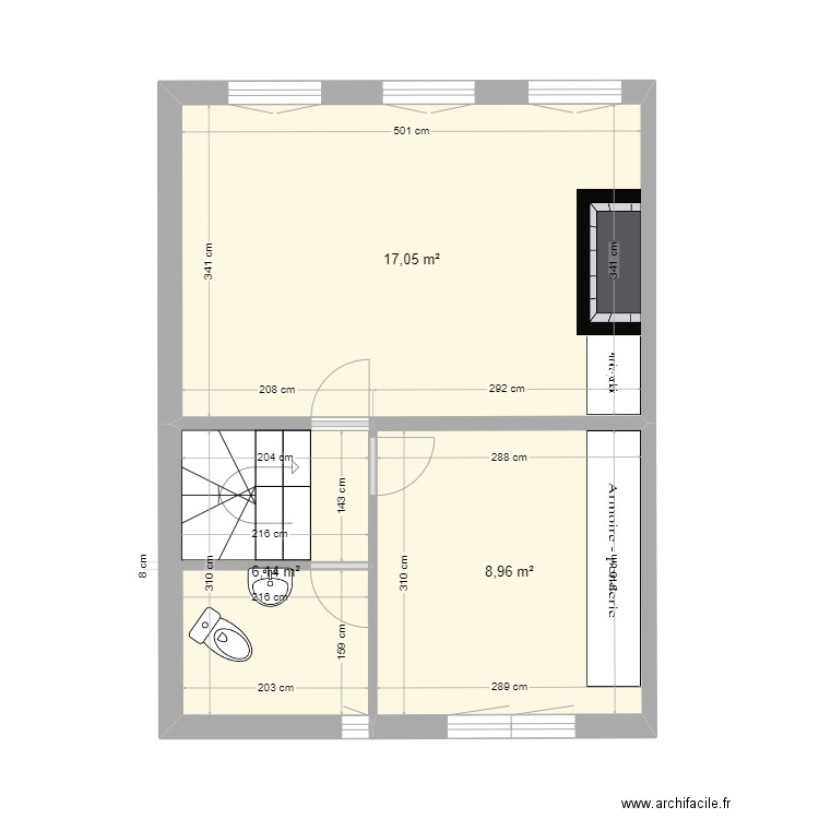 Cailly étage actuel. Plan de 3 pièces et 32 m2