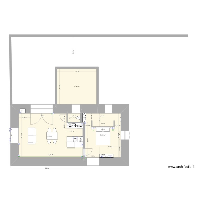 Cave . Plan de 3 pièces et 55 m2