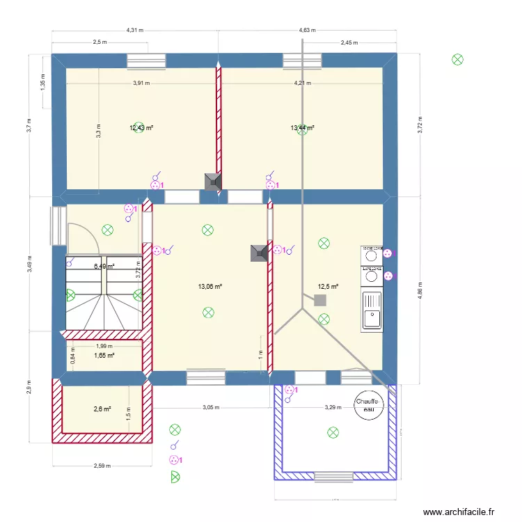Cave Electricit&eacute;. Plan de 7  et 62 m²