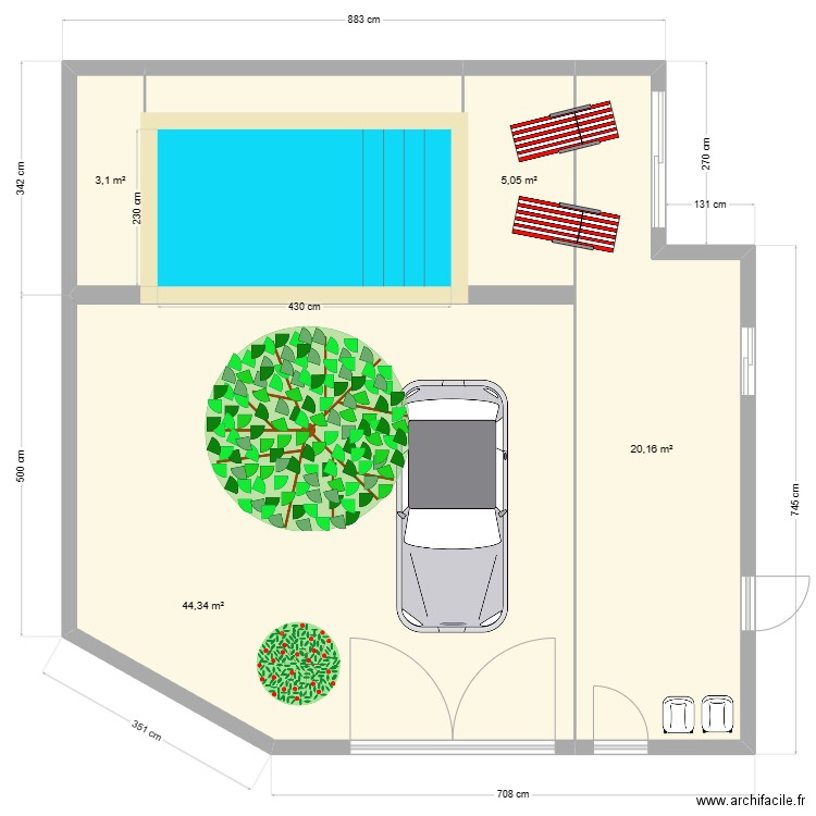 piscine. Plan de 5 pièces et 87 m2