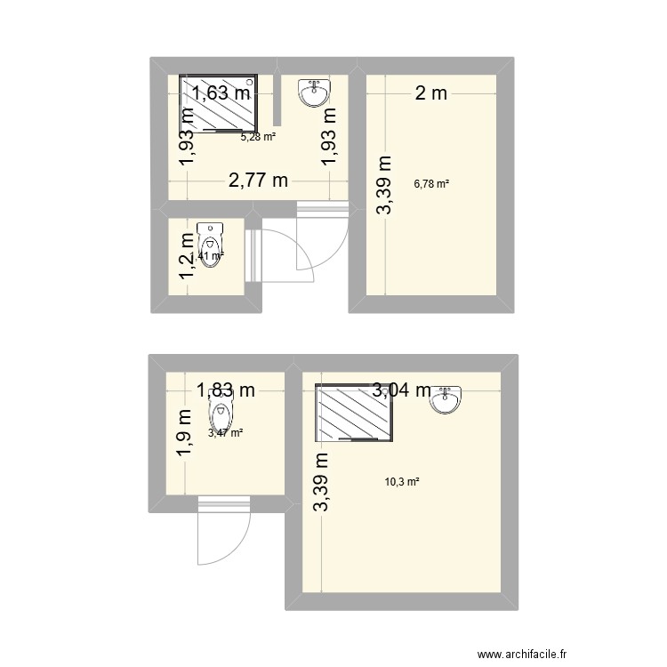 salle de bain. Plan de 5 pièces et 27 m2