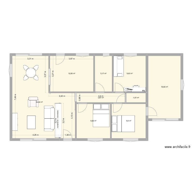 Berlioz. Plan de 9 pièces et 104 m2