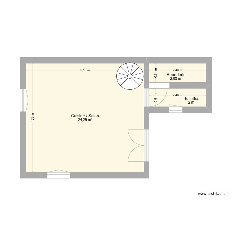 Rez-de-chaussée. Plan de 3 pièces et 28 m2