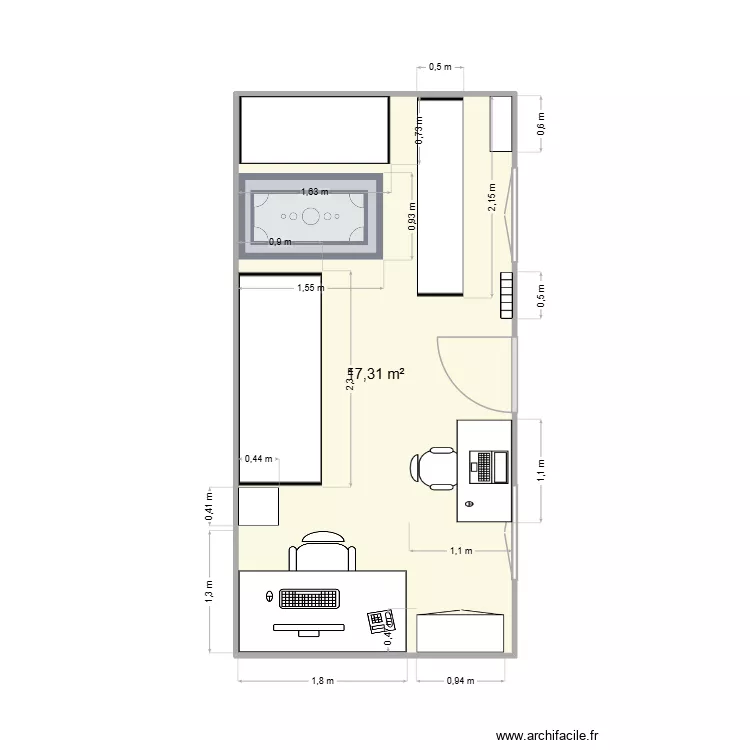 Bureau chambre. Plan de 1 pièce et 17 m²