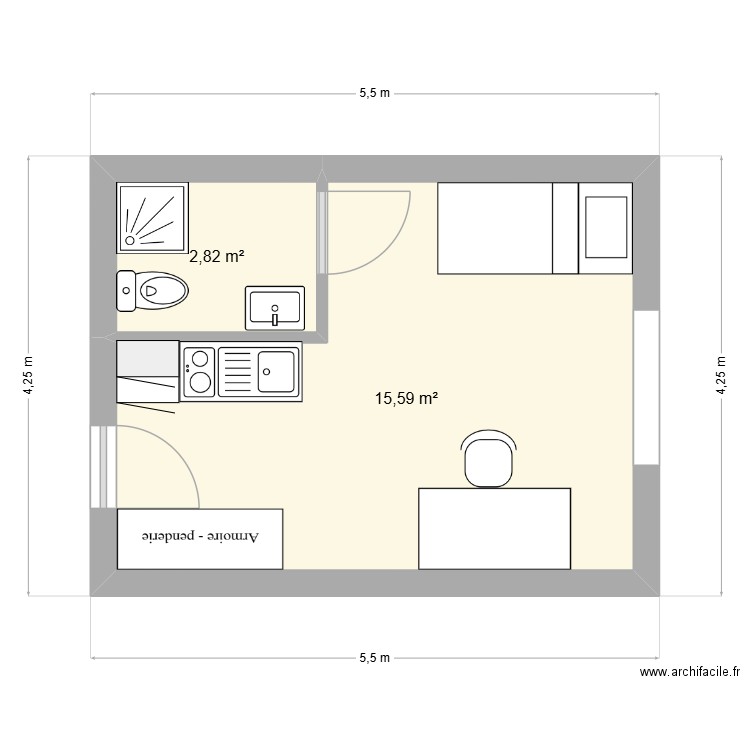 studio standard. Plan de 2 pièces et 18 m2