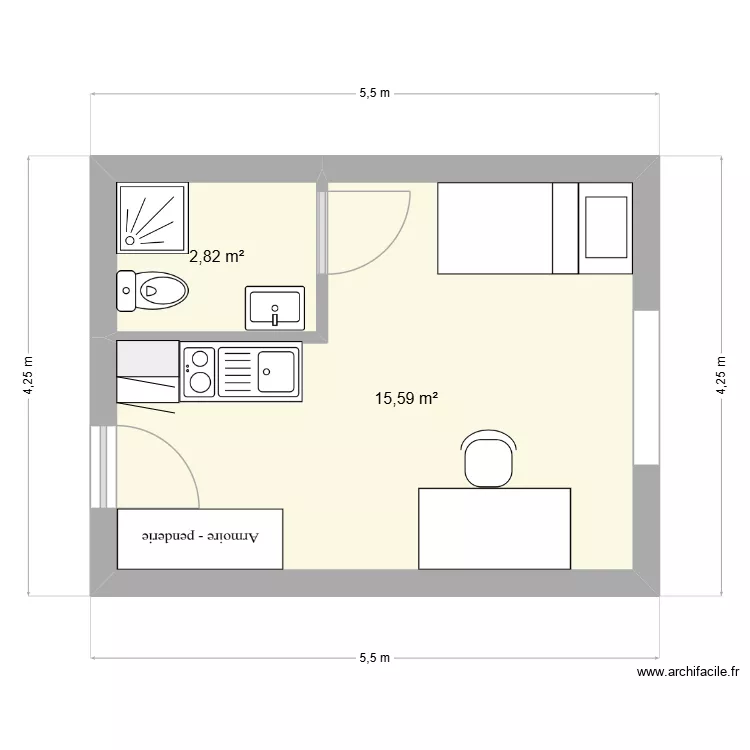 studio standard. Plan de 2 pièces et 18 m²