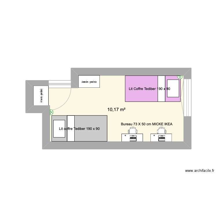 chambre jumeaux. Plan de 1 pièce et 10 m2