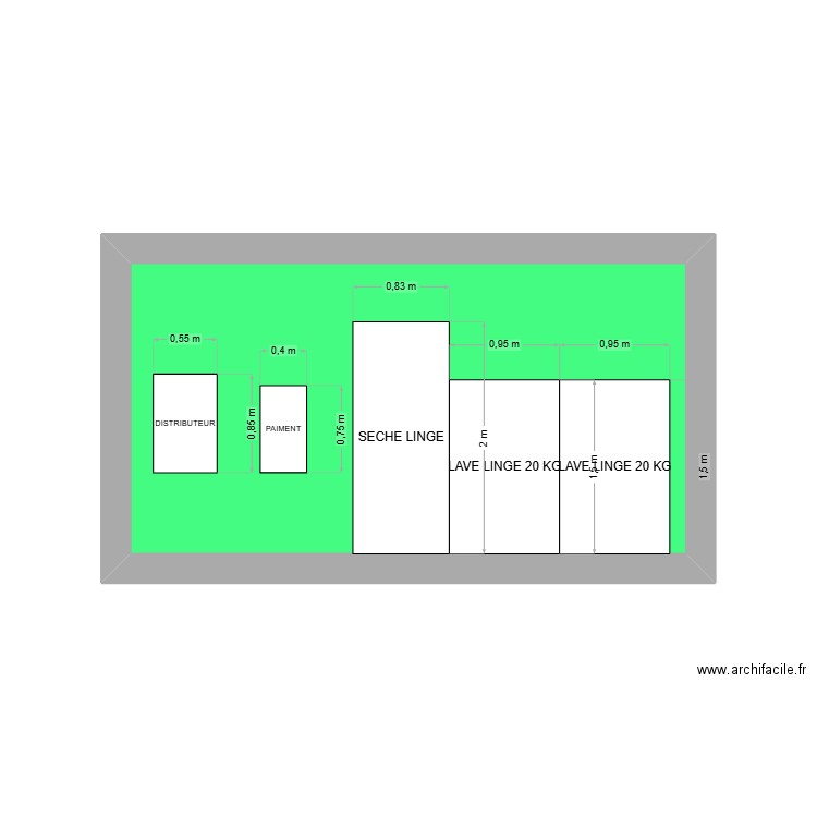 PLAN VU FACE LAVE LINGE 20KG ET SECHE LINGE. Plan de 1 pièce et 12 m2