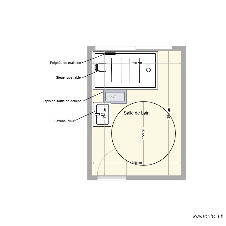 DELMAU Jean salle de bain adaptation. Plan de 1 pièce et 6 m2