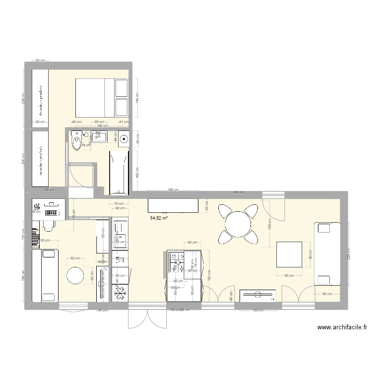 APT 1 B. Plan de 1 pièce et 55 m2