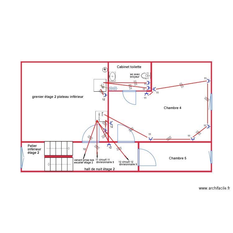 implantation étage 2 prises. Plan de 5 pièces et 45 m2