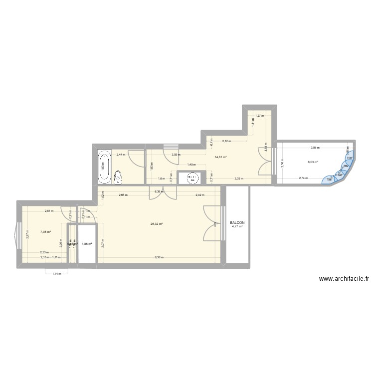 105 VAILLANT mesures. Plan de 9 pièces et 69 m2
