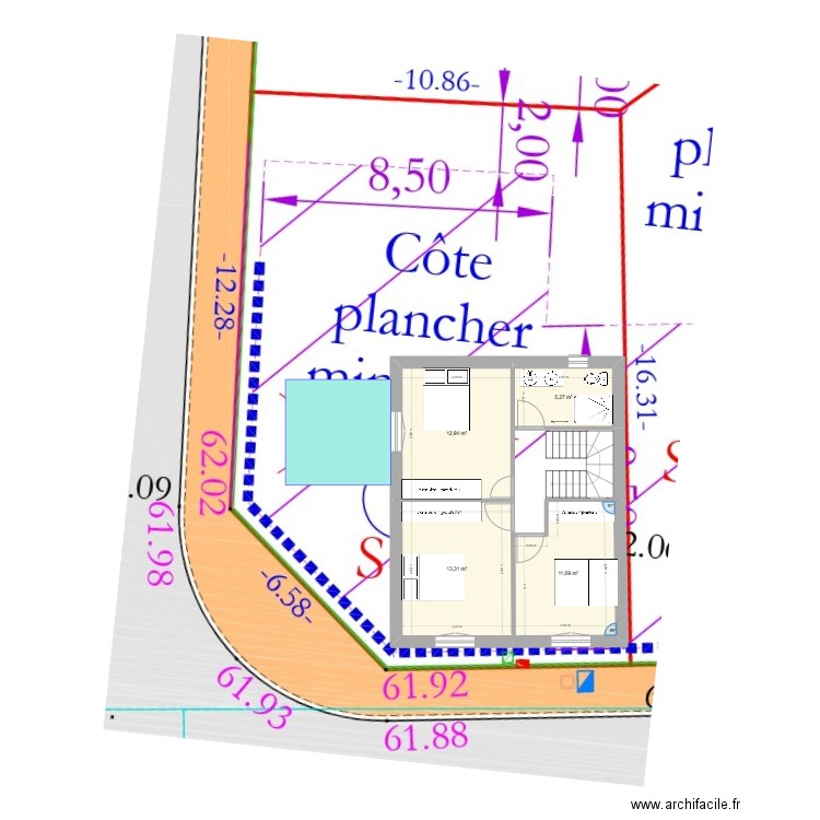 rectangulaire étage. Plan de 4 pièces et 43 m2