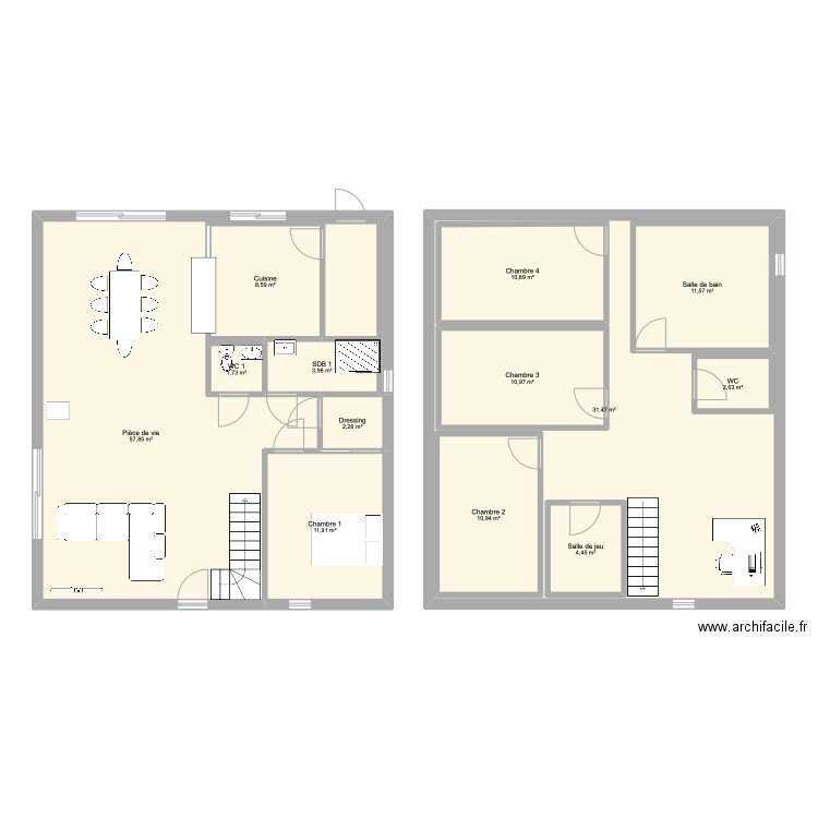 Maison étage 4 chambres. Plan de 13 pièces et 228 m2