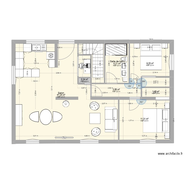 dame RDC. Plan de 9 pièces et 80 m2